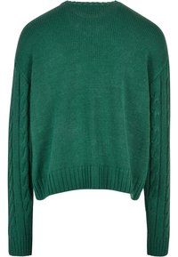 Green knitted sweater featuring a cropped design, textured cable knit on sleeves, and ribbed hem and cuffs. Rear view shows smooth back.