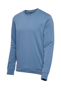 Blå sweatshirt i mjukt tyg med rund halsringning och långa ärmar. Har ett subtilt chevronmönster på bröstet.