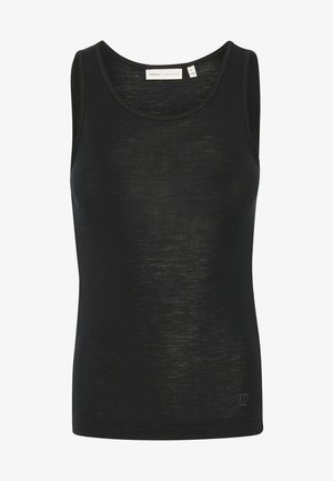 Sort tank top lavet af letvægts, lidt gennemsigtigt stof. Har en rund halsudskæring og ingen ærmer, med en lille logotag på kanten.