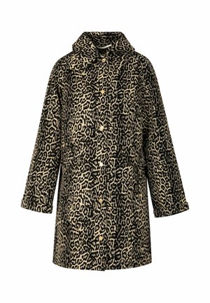 Płaszcz w cętki pantery wykonany z miękkiego materiału, z kołnierzem, zapinany na guziki z przodu oraz z dwoma bocznymi kieszeniami. Luźny fason z rękawami o długości 3/4.