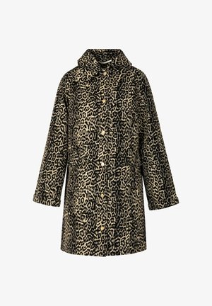 Płaszcz w cętki pantery wykonany z miękkiego materiału, z kołnierzem, zapinany na guziki z przodu oraz z dwoma bocznymi kieszeniami. Luźny fason z rękawami o długości 3/4.