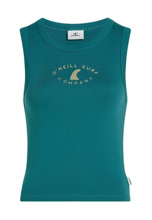 Teal ribbed tank top with O'Neill Surf Company logo in beige. Features a rounded neckline and sleeveless design.
