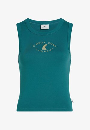 Teal farvet ribstrikket tanktop med O'Neill Surf Company-logo i beige. Har rund halsudskæring og er ærmeløs.