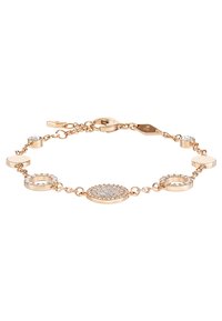 Bracciale in oro rosa con anelli metallici circolari e ovali, caratterizzato da scintillanti pietre preziose trasparenti. Chiusura regolabile e finitura lucida.