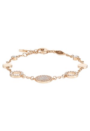 Rose gold -värinen rannekoru, jossa on pyöreitä ja soikeita metallilinkkejä, joihin on istutettu kimaltelevia kirkkaita kivSureja. Säädettävä hakas kiinnitys ja kiiltävä pinta.