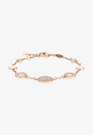 Rose gold -värinen rannekoru, jossa on pyöreitä ja soikeita metallilinkkejä, joihin on istutettu kimaltelevia kirkkaita kivSureja. Säädettävä hakas kiinnitys ja kiiltävä pinta.