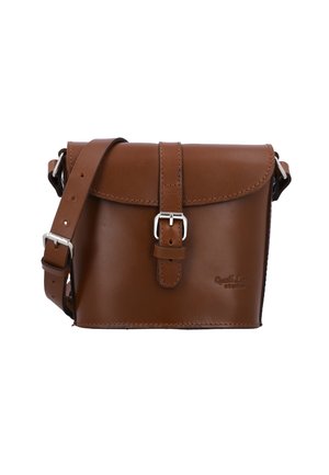 Brown leather shoulder bag with a flap closure and silver hardware. Features an adjustable strap and embossed logo detail on the side.