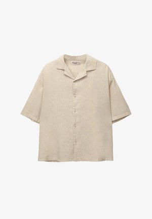 Short-sleeve beige shirt in a lightweight fabric, featuring a notched collar and five buttons down the front, with a relaxed fit.