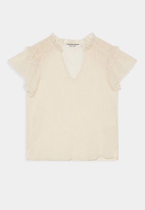 Crèmekleurige mouwloze blouse met gerimpelde schouders, smock-details bij de halslijn en een V-vormige vooropening.