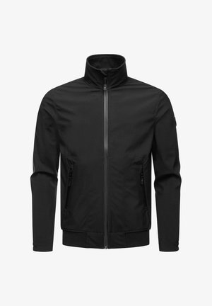 Giacca nera con colletto alto, chiusura con zip frontale, tasche laterali e polsini elasticizzati. Tessuto liscio con un design aderente. Senza loghi visibili.