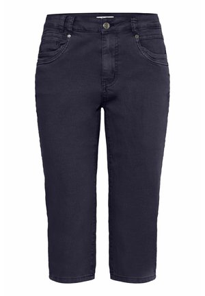 Dark navy denim capri pants with a waistband, front pockets, and slight stretch. Smooth texture and visible stitching on seams.