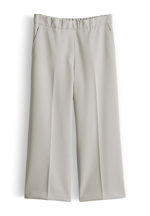 Light gray wide-leg trousers with side pockets and a smooth waistband, displayed flat against a white background.