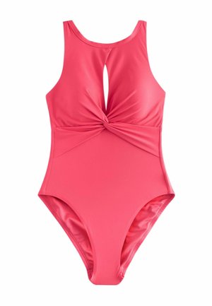 Coral one-piece swimsuit with a round neckline, keyhole front detail, twisted waist design, and smooth, stretchy fabric.