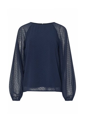 Navy blue blouse with sheer, dotted sleeves, crew neckline, and gathered cuffs. Features a back zipper for closure.