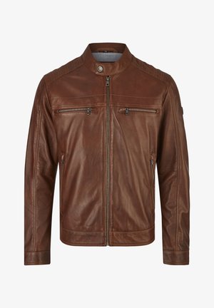 Rudas odinis švarkas su stovinčiu apykakliu, turintis du užtrauktukais uždaromus krūtinės kišenes ir akcentinę pleistrą kairėje rankovėje. Lygios tekstūros ir prigludusio dizaino.