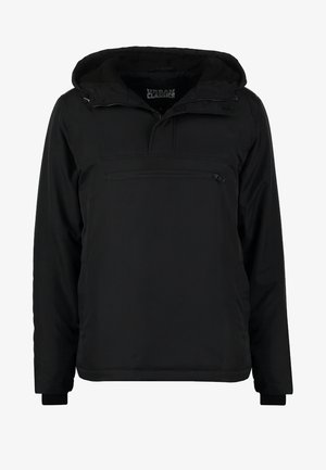 Fekete anorák dzseki kapucnival, elülső cipzáras zsebbel és rugalmas mandzsettákkal. Simább, könnyű anyagból készült, laza szabással.