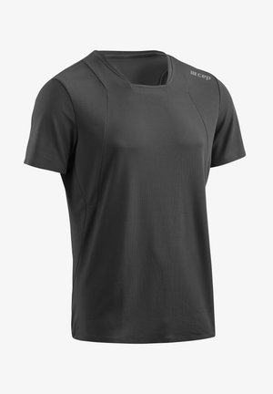Black short-sleeve athletic shirt with a textured fabric, a unique square neckline, and reinforced seams for durability. Logo on shoulder.