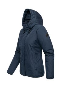 Navy puffer jacket with a hood, featuring a zip front, side pockets, and a patch on the left sleeve. Smooth texture, insulated design.