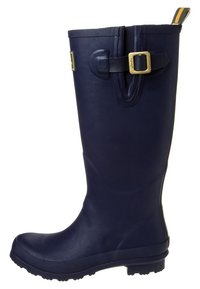 Bottillon de pluie en caoutchouc marine avec un bout arrondi, semelle texturée et un accent en boucle dorée près du sommet ; design haut avec une languette.