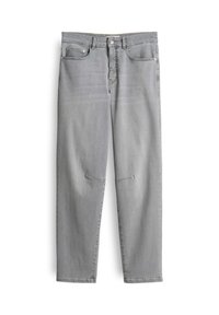 Jeans dritti grigi chiari in denim, con chiusura a bottone, cinque tasche e lievi sbiadimenti, senza logo o motivo visibile.