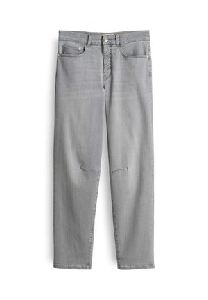 Jeans dritti grigi chiari in denim, con chiusura a bottone, cinque tasche e lievi sbiadimenti, senza logo o motivo visibile.