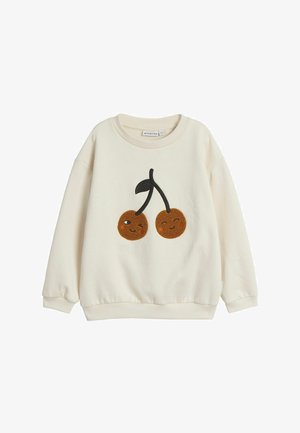 Cremefarbenes Sweatshirt mit Rundhalsausschnitt, verziert mit gestickten braunen Kirschen mit Gesichtern und grünen Blättern, aus weichem Stoff gefertigt.
