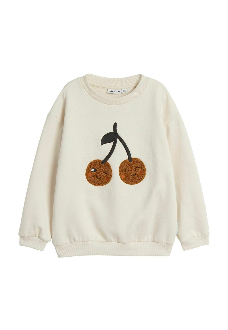 Krämfärgad sweatshirt med rundad halsringning, prydd med broderade bruna körsbär med ansikten och gröna blad, tillverkad av mjukt material.
