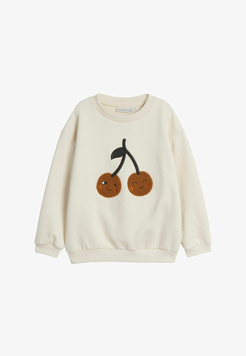 Kremowy sweatshirt z okrągłym dekoltem, zdobiony haftowanymi brązowymi wiśniami z twarzami oraz zielonymi liśćmi, uszyty z miękkiego materiału.