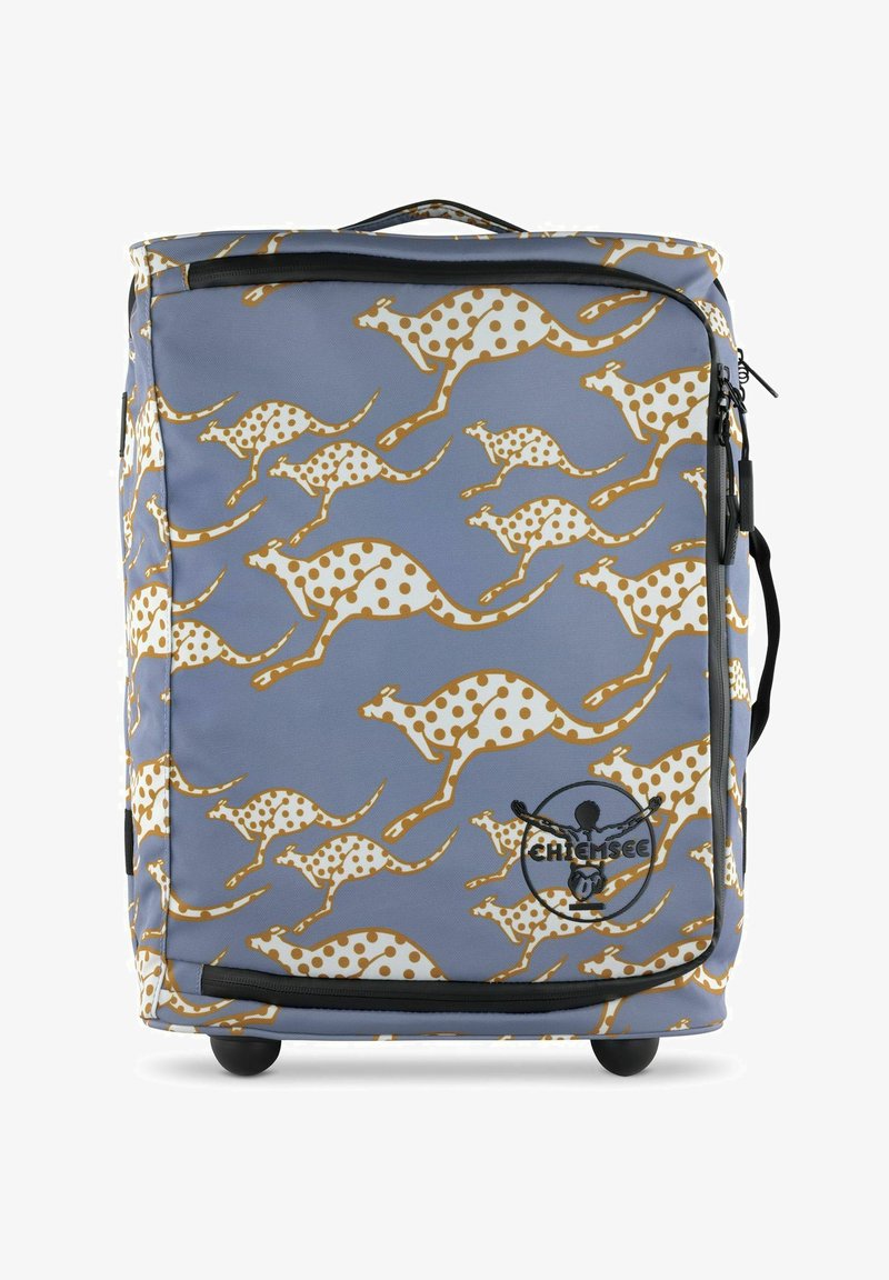 Wheeled backpack with a light blue fabric featuring brown-patterned kangaroos. Includes a black zipper and a logo patch on the front.