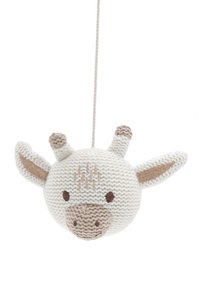 White knitted giraffe head with beige accents, embroidered facial features, and small horns, suspended by a beige string.