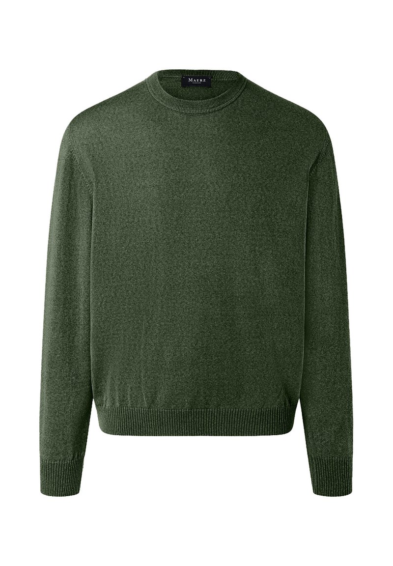 Tmavě zelený svetr vyrobený z měkké látky, s kulatým výstřihem, dlouhými rukávy a žebrovanými manžetami a lemem, s hladkou texturou.