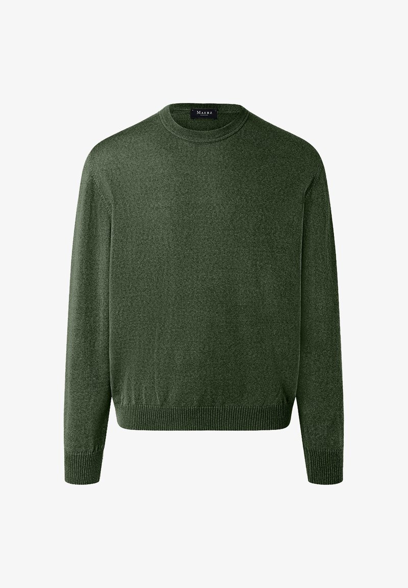 Tmavě zelený svetr vyrobený z měkké látky, s kulatým výstřihem, dlouhými rukávy a žebrovanými manžetami a lemem, s hladkou texturou.