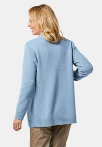 Hellblaue Strickjacke mit lockerer Passform, geripptem Saum und langen Ärmeln. Weicher Stoff und Rückansicht mit runder Ausschnitt.