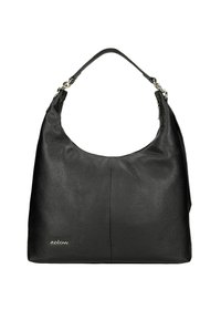 Borsa hobo in pelle nera con superficie testurizzata, ampia tracolla e dettagli in metallo argentato. Presenta un logo prominente sul fronte.