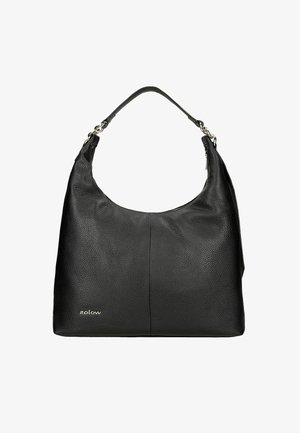 Borsa hobo in pelle nera con superficie testurizzata, ampia tracolla e dettagli in metallo argentato. Presenta un logo prominente sul fronte.