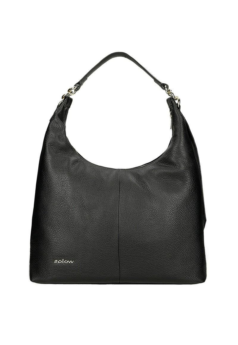 Borsa hobo in pelle nera con superficie testurizzata, ampia tracolla e dettagli in metallo argentato. Presenta un logo prominente sul fronte.