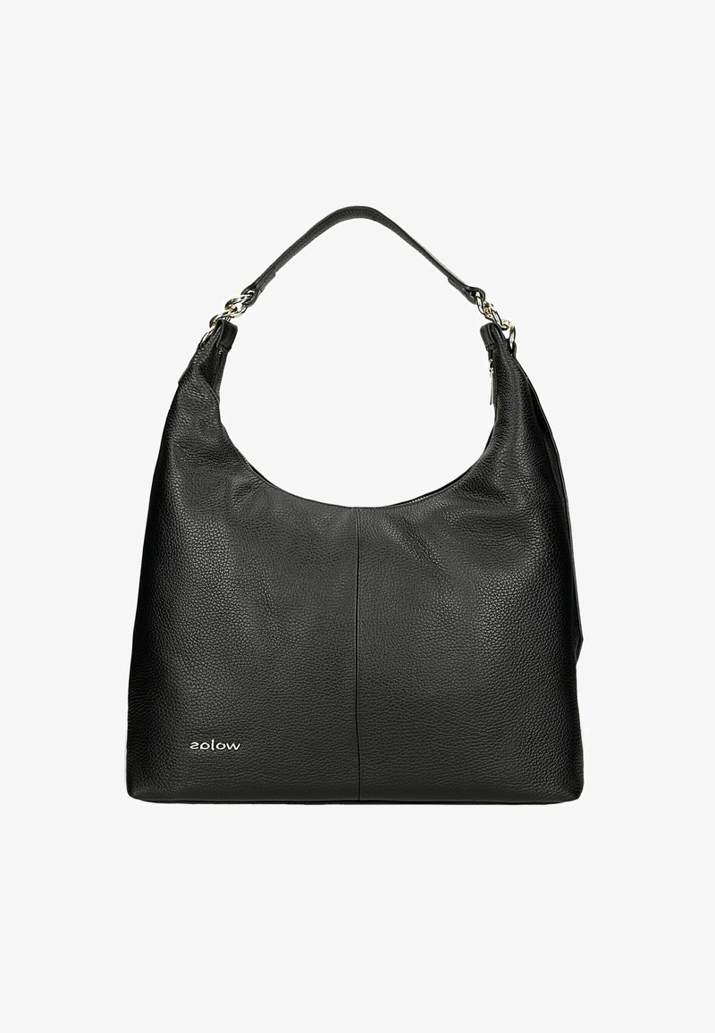 Borsa hobo in pelle nera con superficie testurizzata, ampia tracolla e dettagli in metallo argentato. Presenta un logo prominente sul fronte.