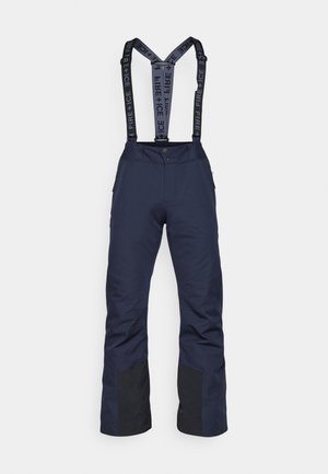 Navy ski pants with adjustable black suspenders featuring "FIRE + ICE" text, reinforced black accents on knees, and two zippered side pockets.