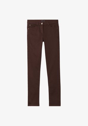 Braune Skinny-Jeans aus einem Baumwollmischgewebe, mit einem klassischen Fünf-Taschen-Design und einem vorderen Knopfverschluss. Glatte Oberfläche das ganze Kleidungsstück hindurch.