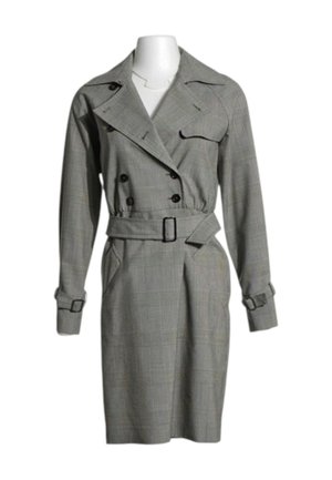 Gray plaid long-sleeve belted trench coat dress with double-breasted buttons, lapel collar, chest pocket flap, and cuff straps on mannequin.