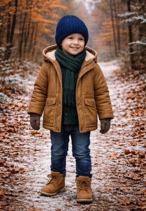 Brown padded jacket with faux fur lining, green scarf, blue knit hat, brown gloves, blue jeans, and tan boots on a snowy path with autumn leaves.