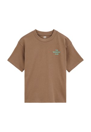 Brun kortærmet rundhalset t-shirt med lille turkis tekst "THE SEASHORE CLUB" på venstre bryst.
