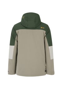 Jacket s farebnými blokmi s hornou časťou v zelenej farbe, telom béžovej farby a bielymi akcentmi. Materiál je hladký s matným povrchom. Obsahuje kapucňu.