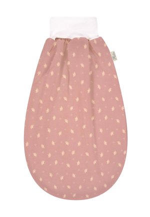 Pink baby sleep sack with white leaf patterns and a white stretchy fabric neck opening.