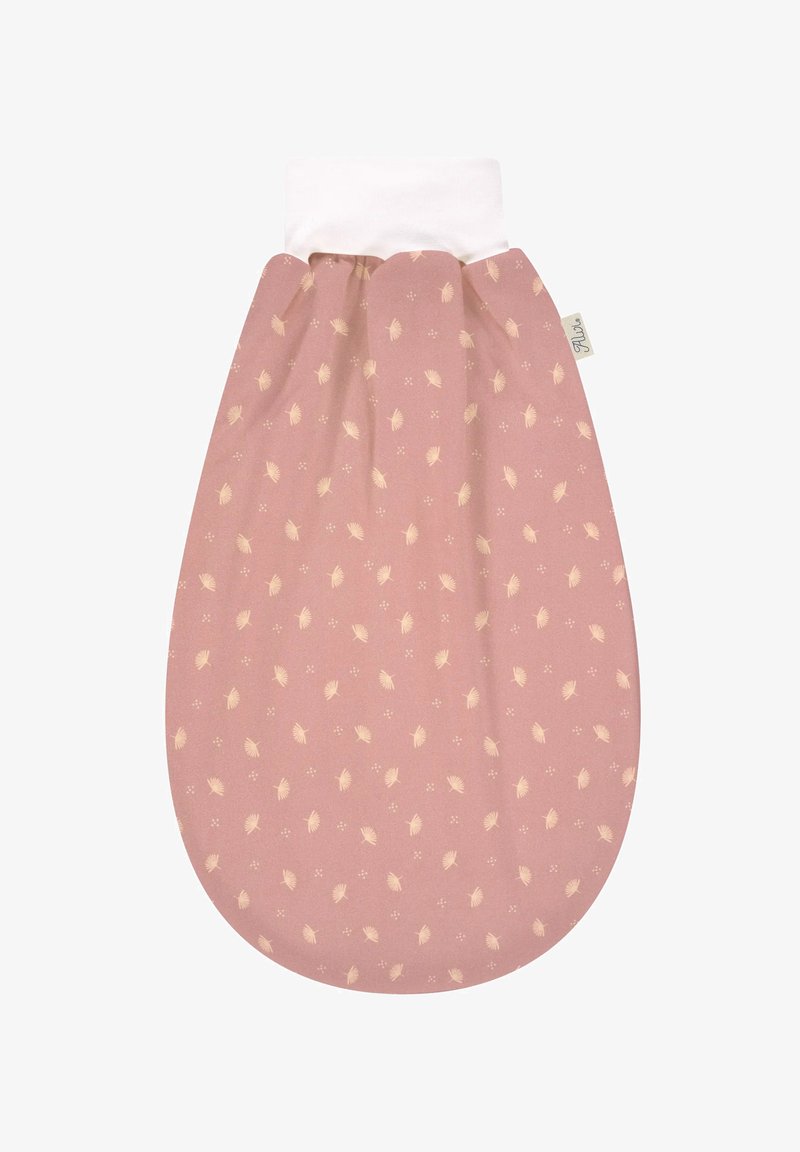 Pink baby sleep sack with white leaf patterns and a white stretchy fabric neck opening.