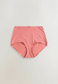 Sous-vêtement en coton taille haute pour femme en rose corail atténué avec un petit nœud au centre de la taille.