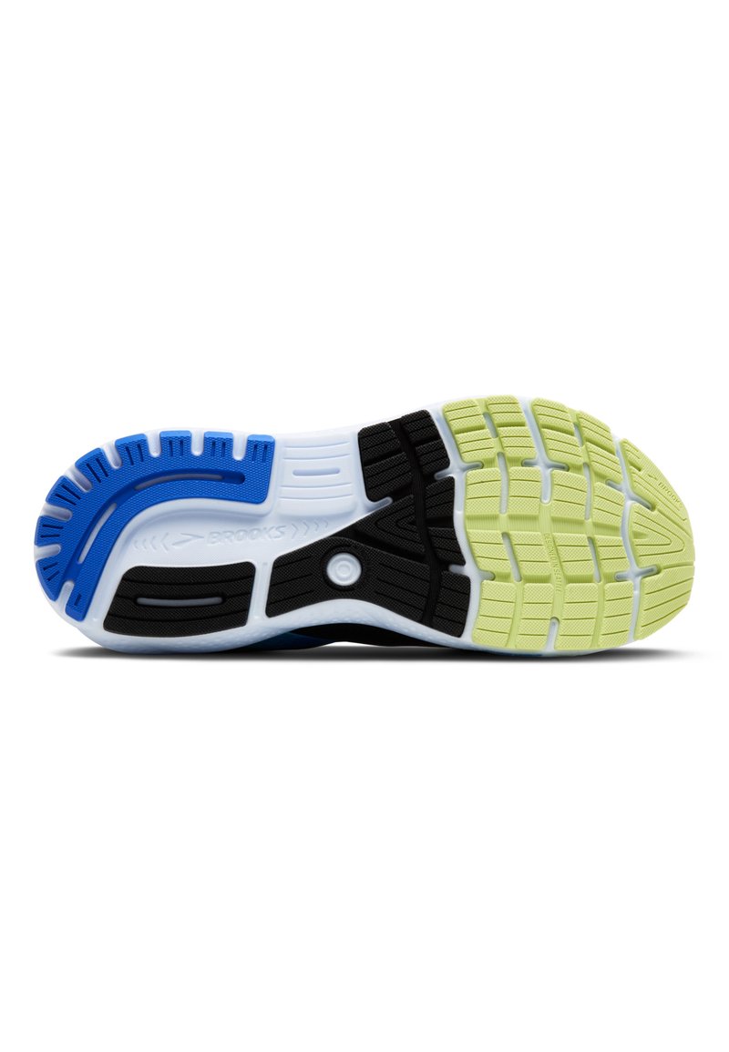 Schuhsohle mit einem mehrfarbigen Design in Blau, Schwarz und Limegrün, ausgestattet mit einer strukturierten GummOberfläche für besseren Halt.