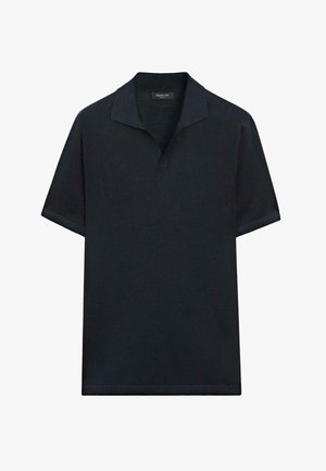 Sort kortærmet polo med åben krave og diskrete opsmøgede ærmer, mærket Massimo Dutti.
