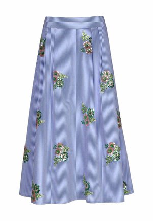 Blau-weiß gestreifter Rock mit vertikalen Streifen, verziert mit verstreuter grüner und rosa Blumenstickerei, A-Linien-Silhouette und tailliertem Bund.