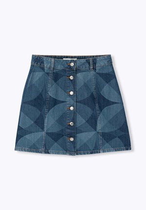 Jupe mini en denim avec fermeture à boutons sur le devant et motif abstrait de cercles bleu foncé, dotée de passants pour ceinture et de panneaux cousus.